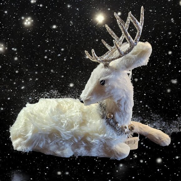 White Fur Sitting Deer - Sparkle Antlers - Christmas Collar - Home Decor - Picture 1 of 6
